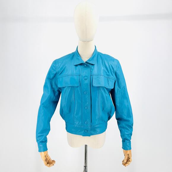 Vintage Lillie Rubin Exclusive Genuine Leather Turquoise Blue Bomber Jacket - Picture 1 of 9